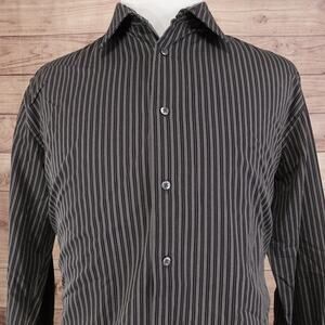 VAN HEUSEN BLACK GREY STRIPED BUTTON DOWN SHIRT MENS SIZE L 16-16.5